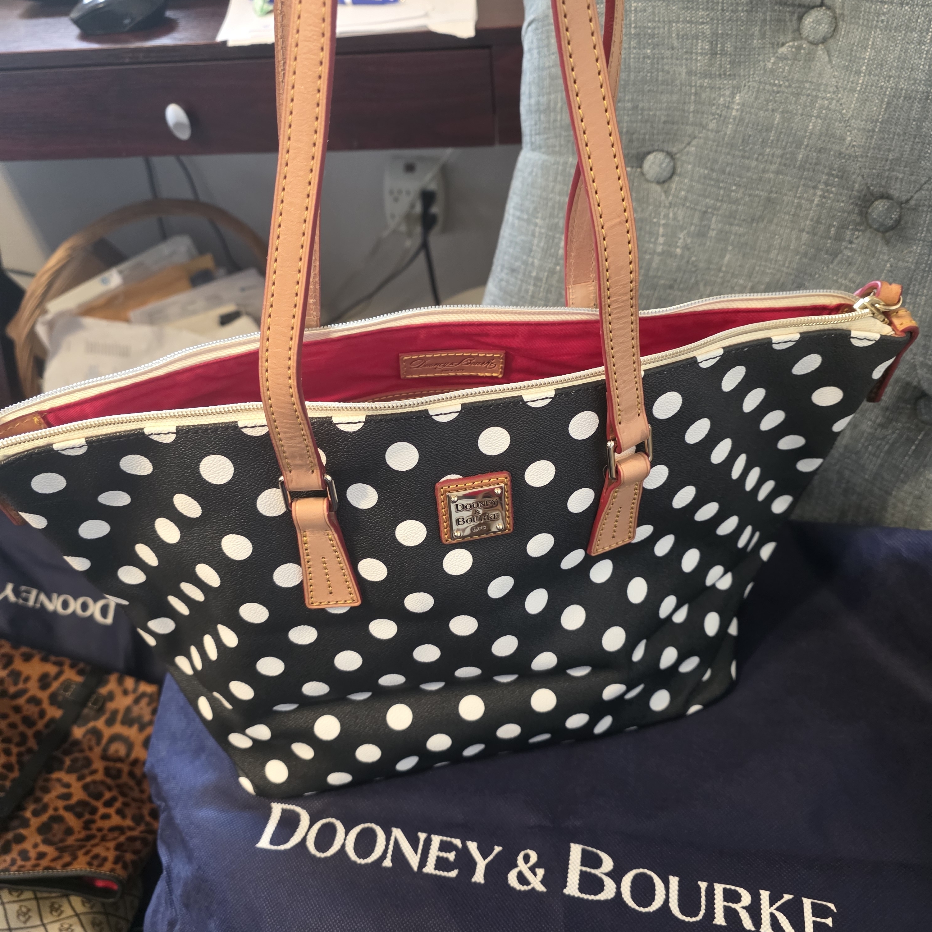 Dooney & Bourke Navy And White Polka Dot Tote